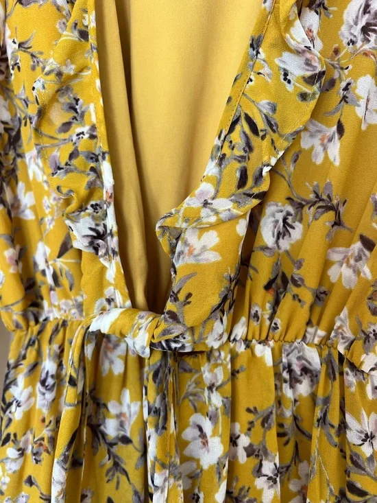 Show Me You MuMu Mustard Floral Dress Addy Yellow Long Sleeve Mini Ruffles Bow S - Picture 6 of 9